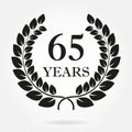 65 years. Anniversary or birthday icon with 65 years and laurel wreath. Vector illuatration